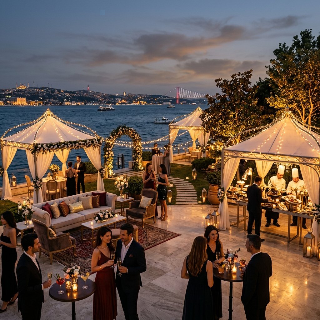 Elegant outdoor event setup with dining tables and beautiful Bosphorus view background